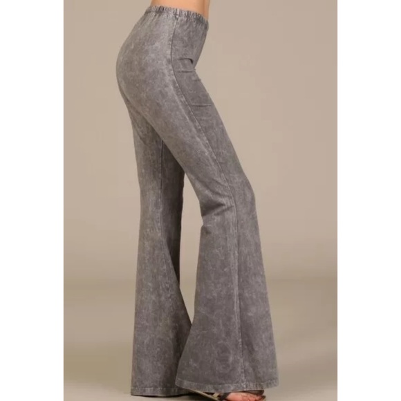Taupe Gray Boho Mineral Wash Flared Stretch Pants - Picture 3 of 6